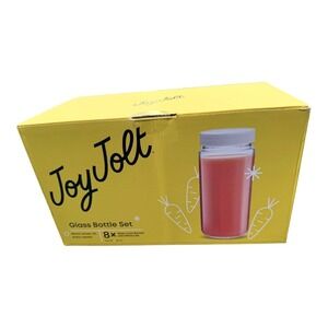 JoyJolt Glass Bottle Set 8pc 16oz Reusable Juice Bottles White Lids Clear NIB
